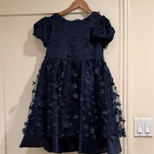 Navy 3D Floral Puff-Sleeve Party Dress for Girls